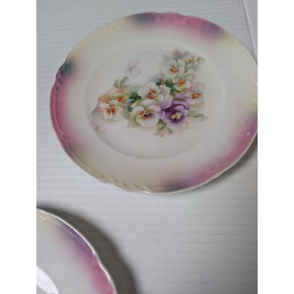 Antique German Lusterware Plates Floral Pansy Set of 3 Pink Iridescent Trim - Picture 3 of 9
